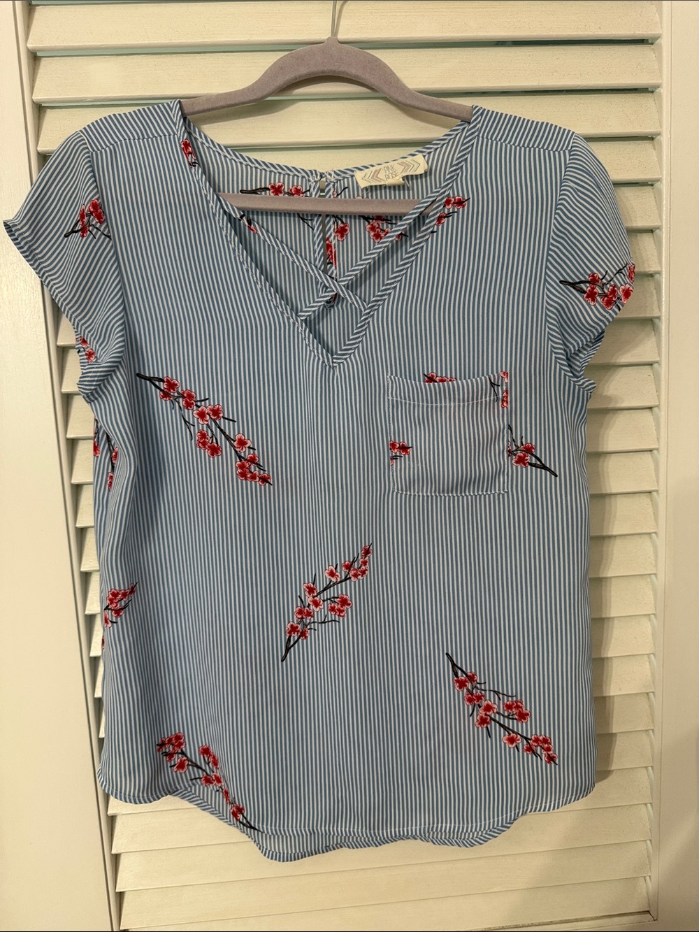 Pink Rose Blue Striped V-Neck Top with Red Floral Accents M
